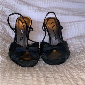 Mina Black Peep Toe Sling Back Heels, size 9.